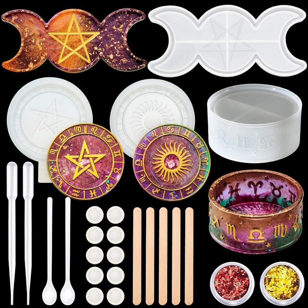 28 Pcs Resin Storage Box Set - Triple Moon Dish Tray, Moon Phase Tray, 12 Conste